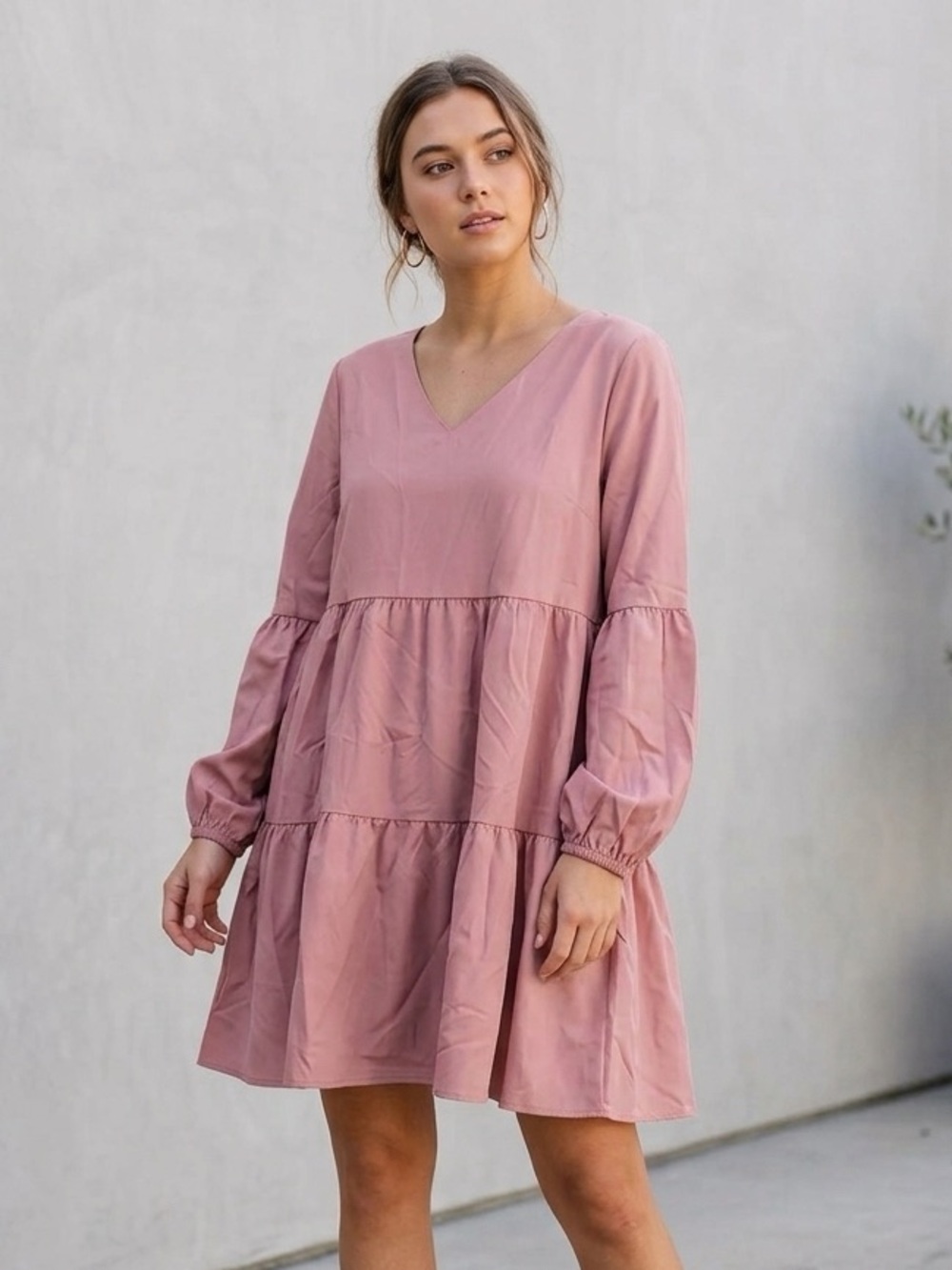 💫3/$20 Balletcore Mauve Pink Pink Tiered Babydoll Long Sleeve Mini Dress - Large